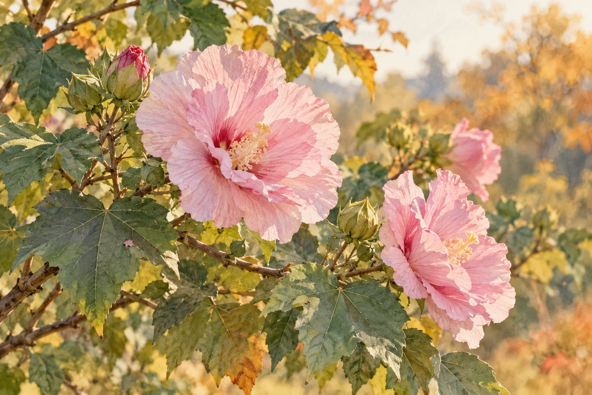木芙蓉枝上的粉色花朵