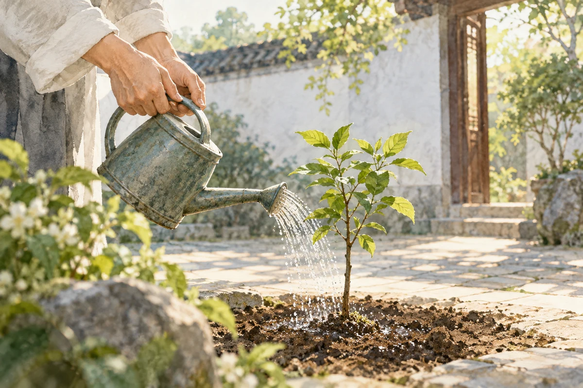 庭院中为幼苗浇水的双手