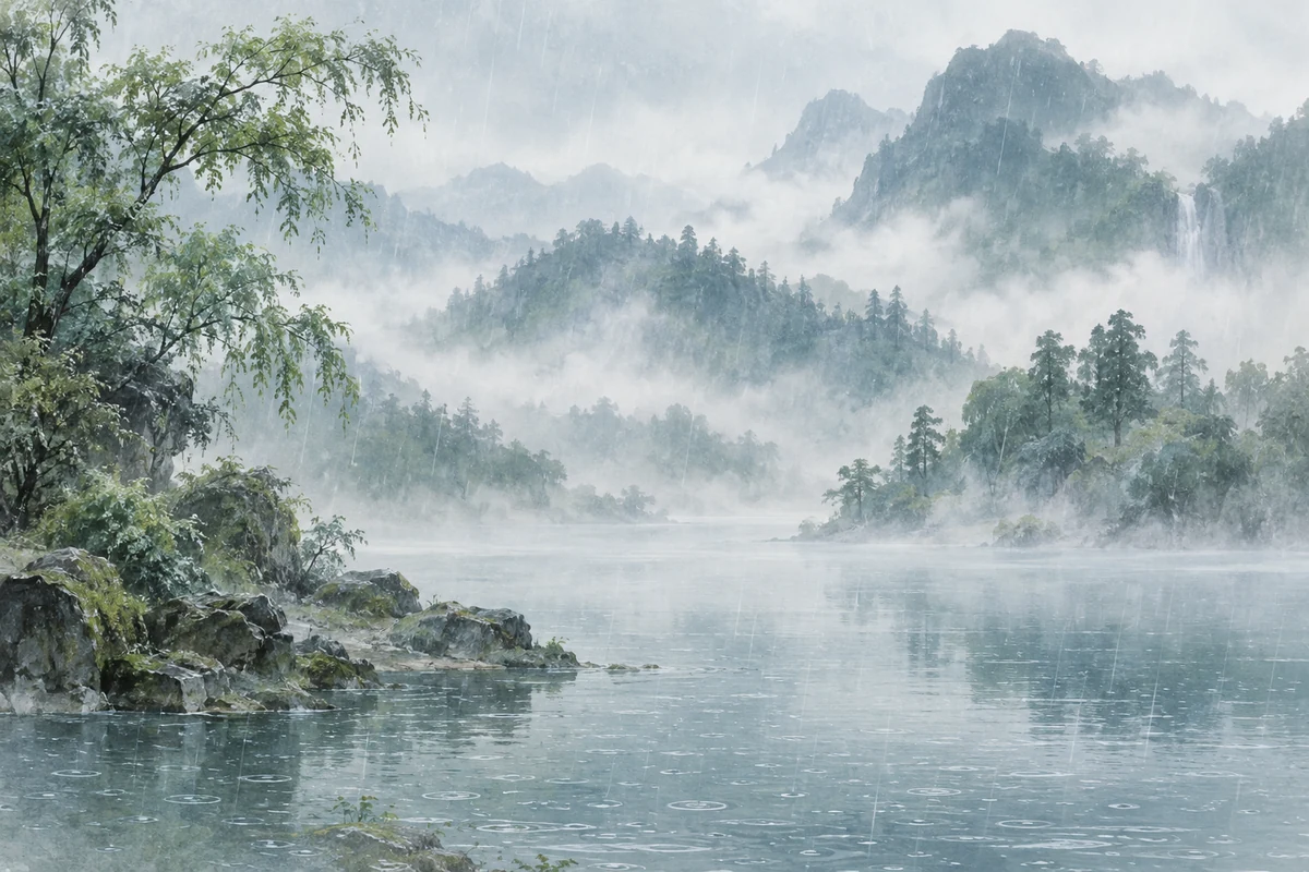 细雨中的远山与树影