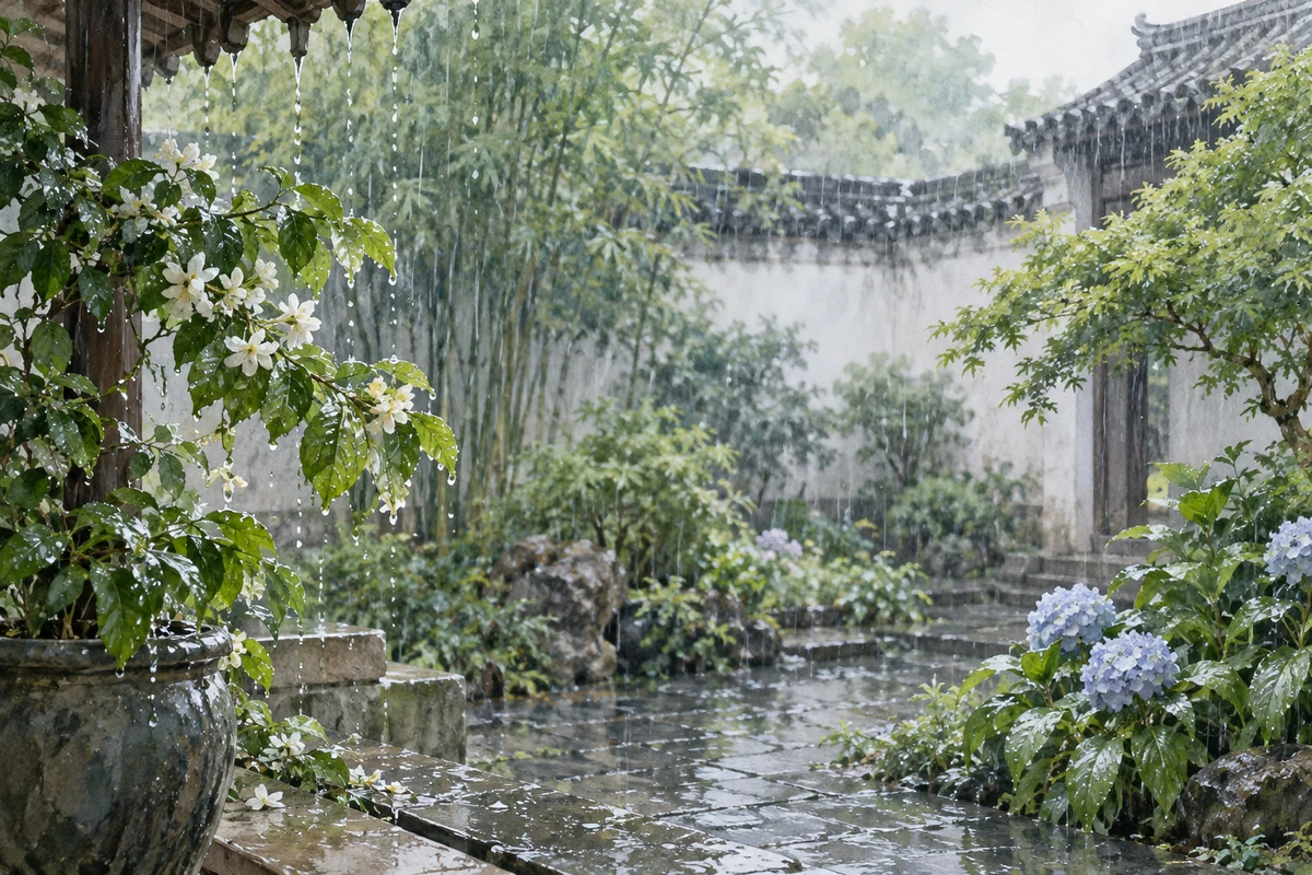雨水滋润的庭院花木