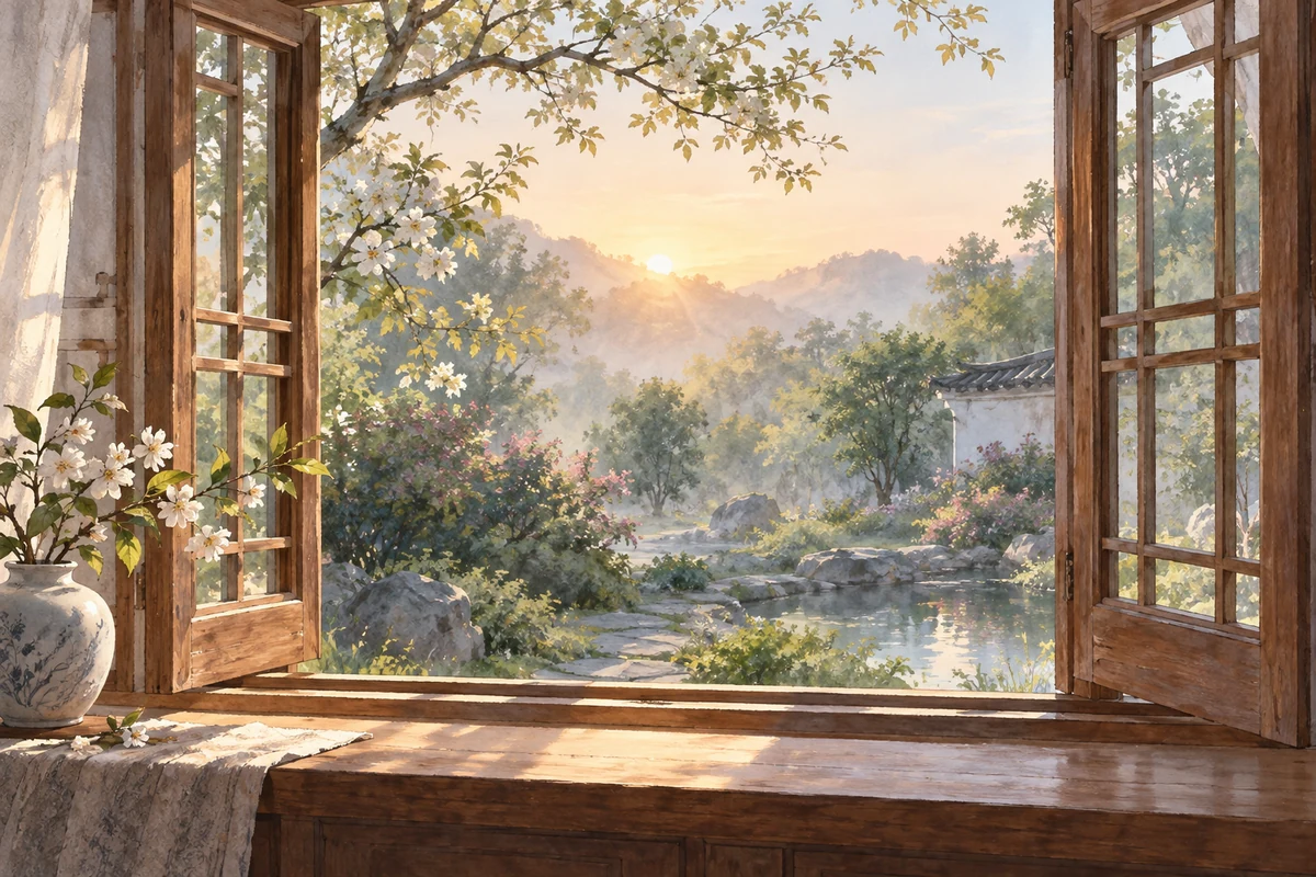 推开的木窗与清晨花园