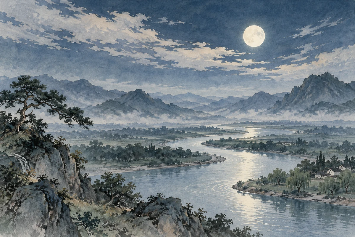 淡月与流云下的蜿蜒河道