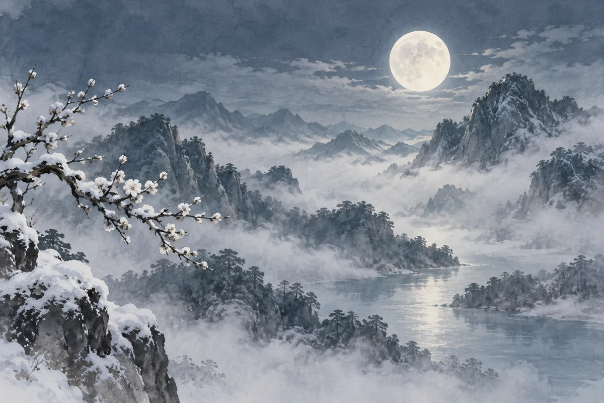 月色山雾前的覆雪枝条