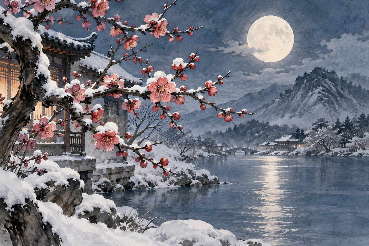冬夜月色下的覆雪梅花