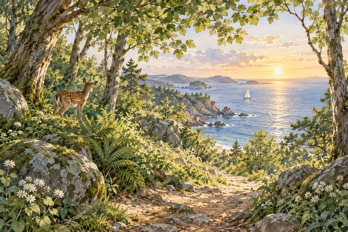 夏日林间望见明亮的海平线