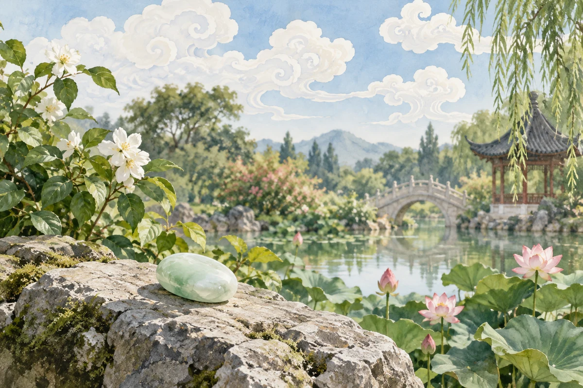 夏日庭院上空的云彩与温润玉石