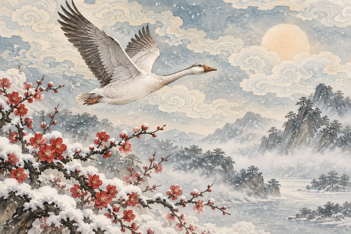 花纹云彩下飞雁掠过薄雪梅枝