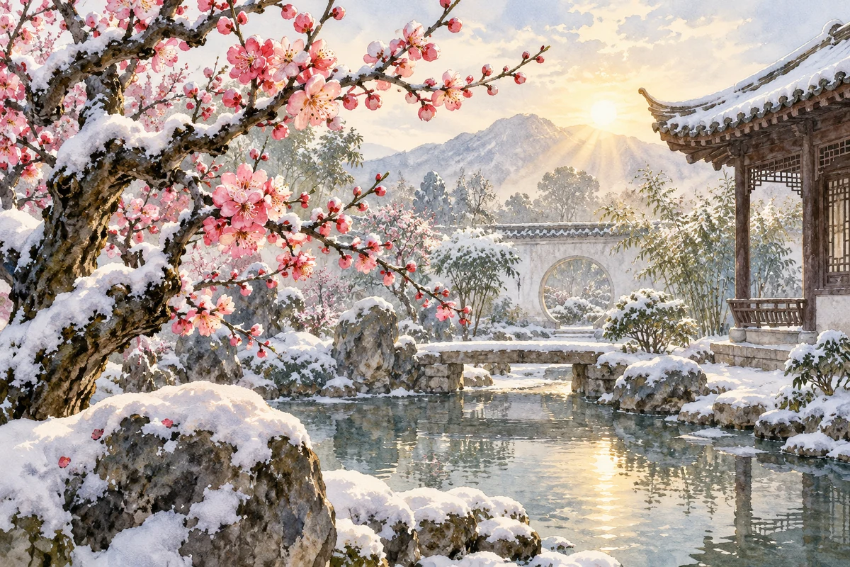 雪后阳光下的梅花小园