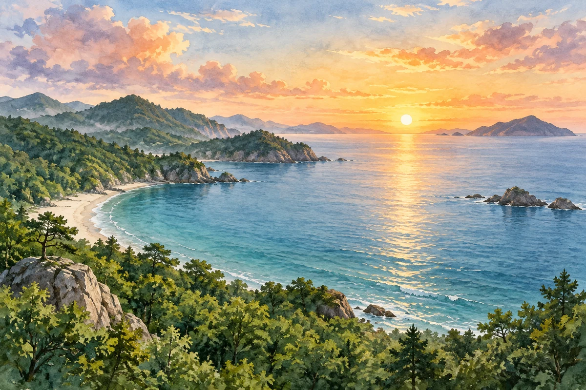 森林海湾上初升的阳光