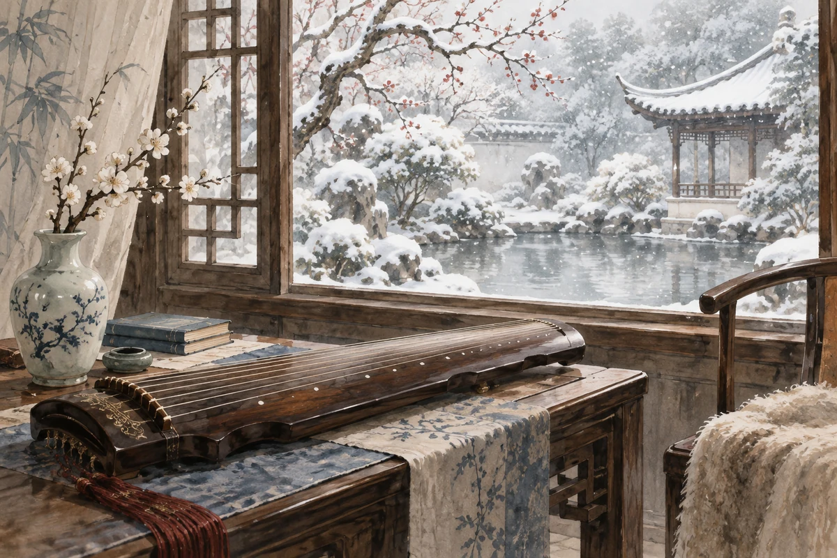 窗边的琴与庭院雪景