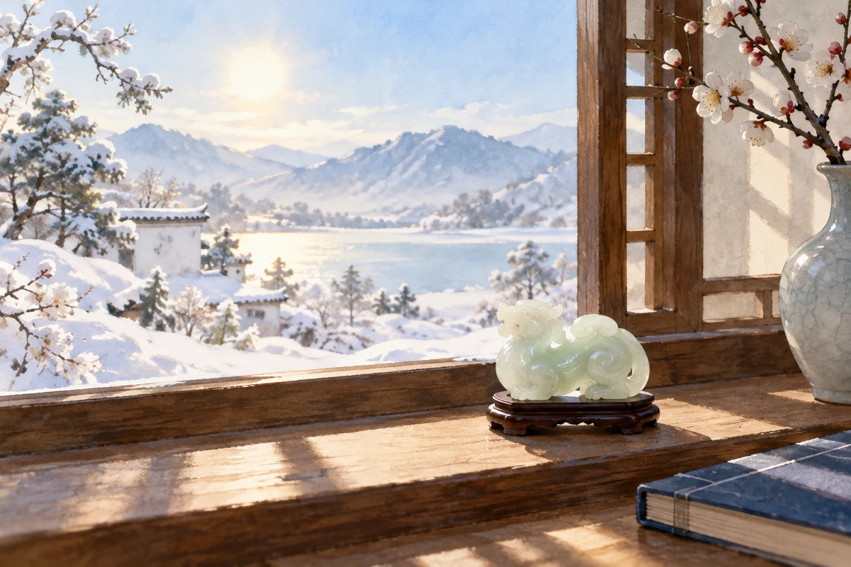 窗台玉饰与窗外晴日雪景