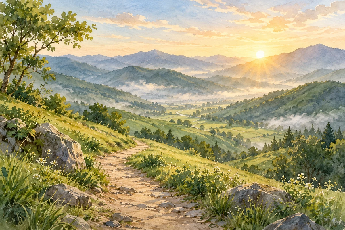 初升太阳照亮山间步道
