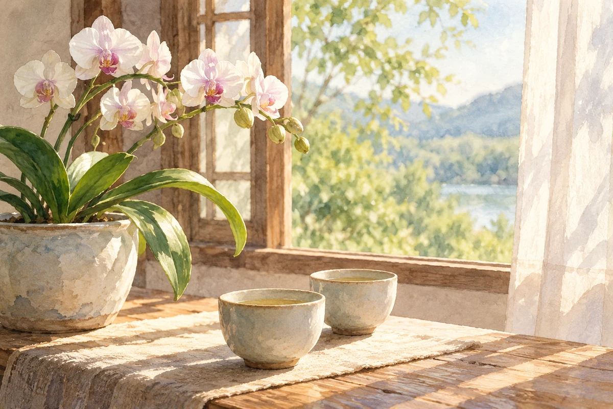 窗边的兰花与茶杯
