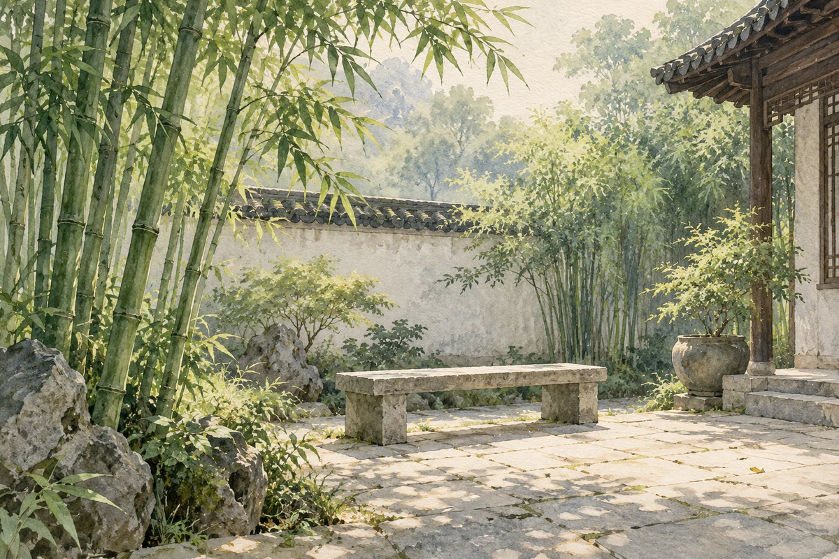 院中的竹子与石凳