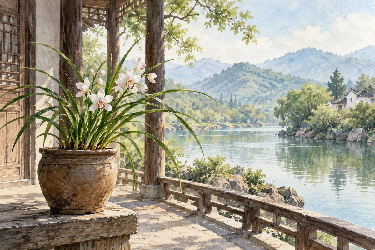 水岸旁舒展的兰花叶片