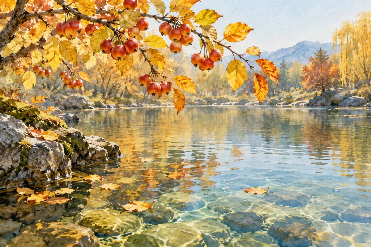 秋日清水与海棠果枝