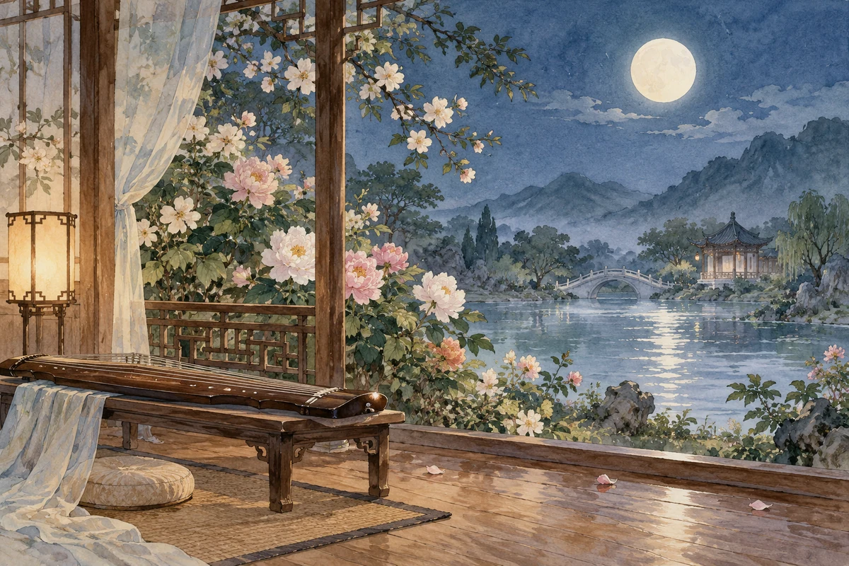 月下花枝与廊边的琴