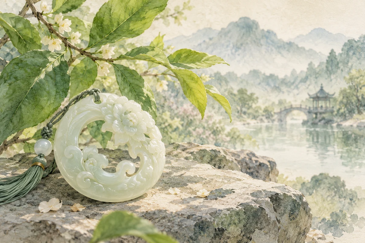 素玉饰物与舒展的绿叶