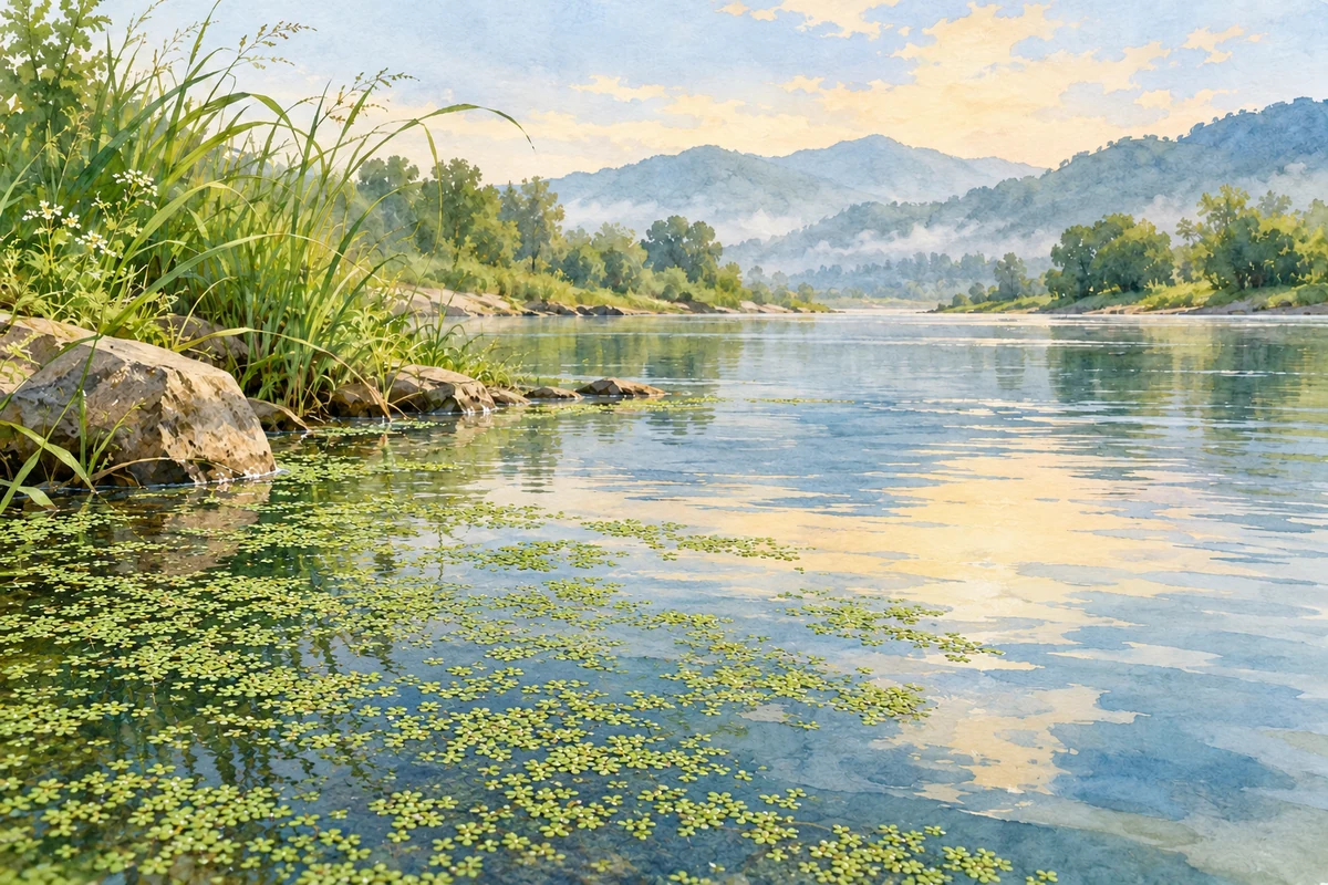 江岸静水中的浮萍叶片
