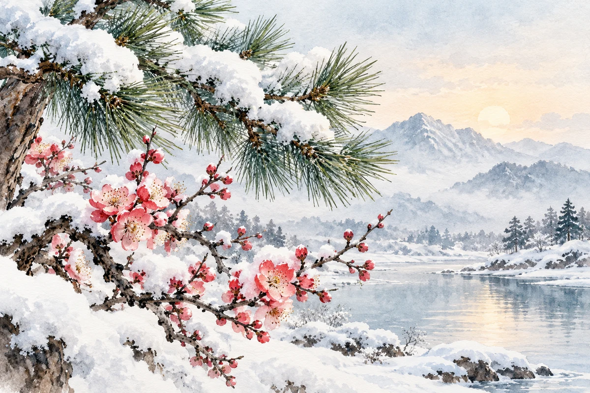 松枝与梅枝上的薄雪