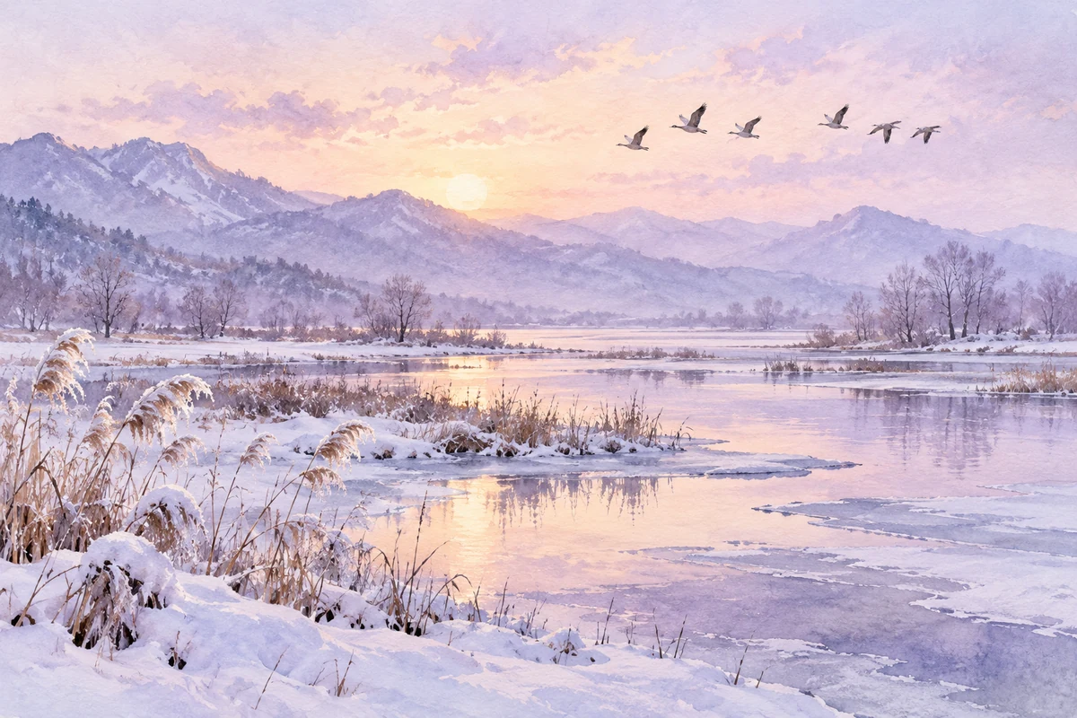 冬日湿地上的飞雁与淡紫色雪影