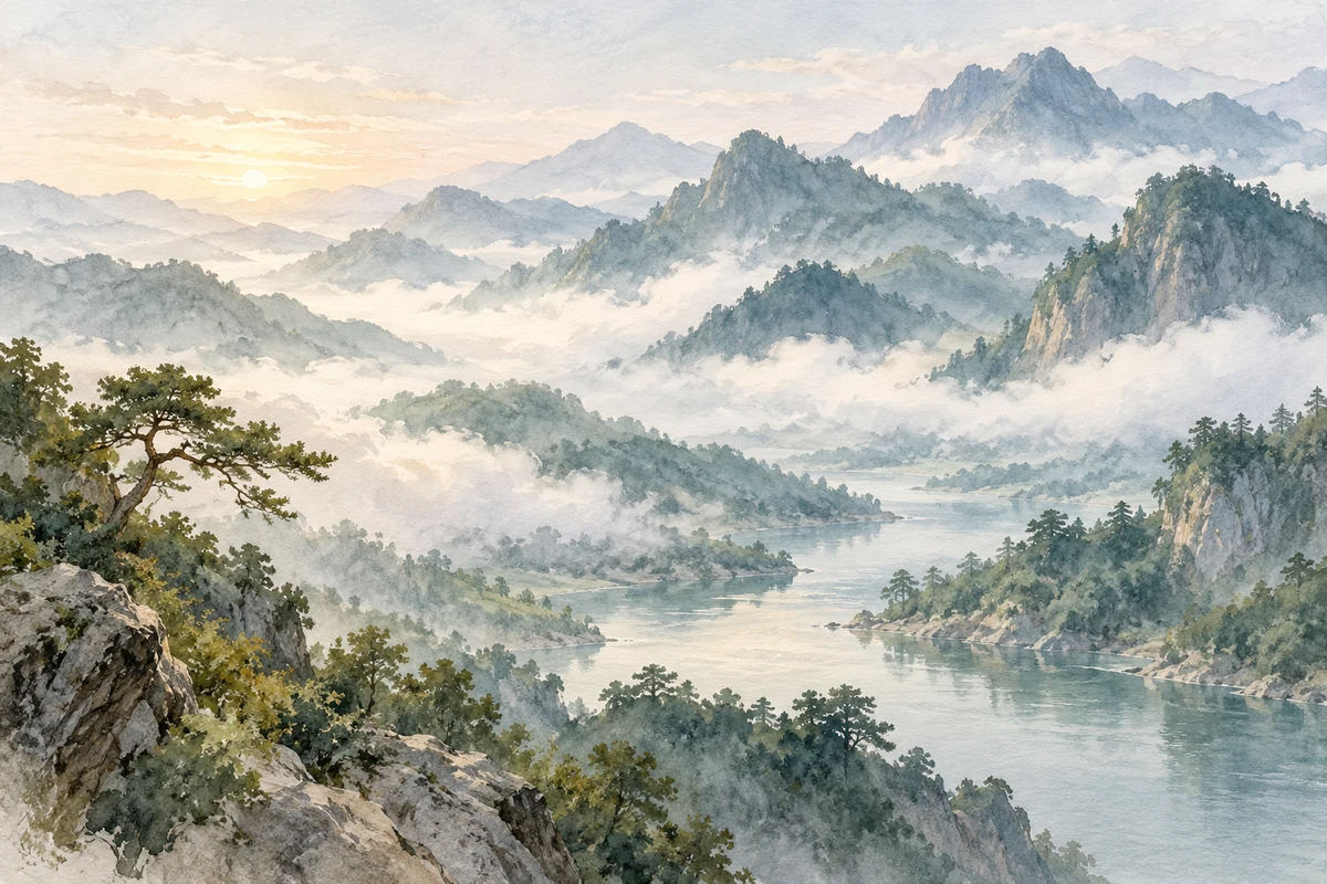 浅云环绕的层叠山峰