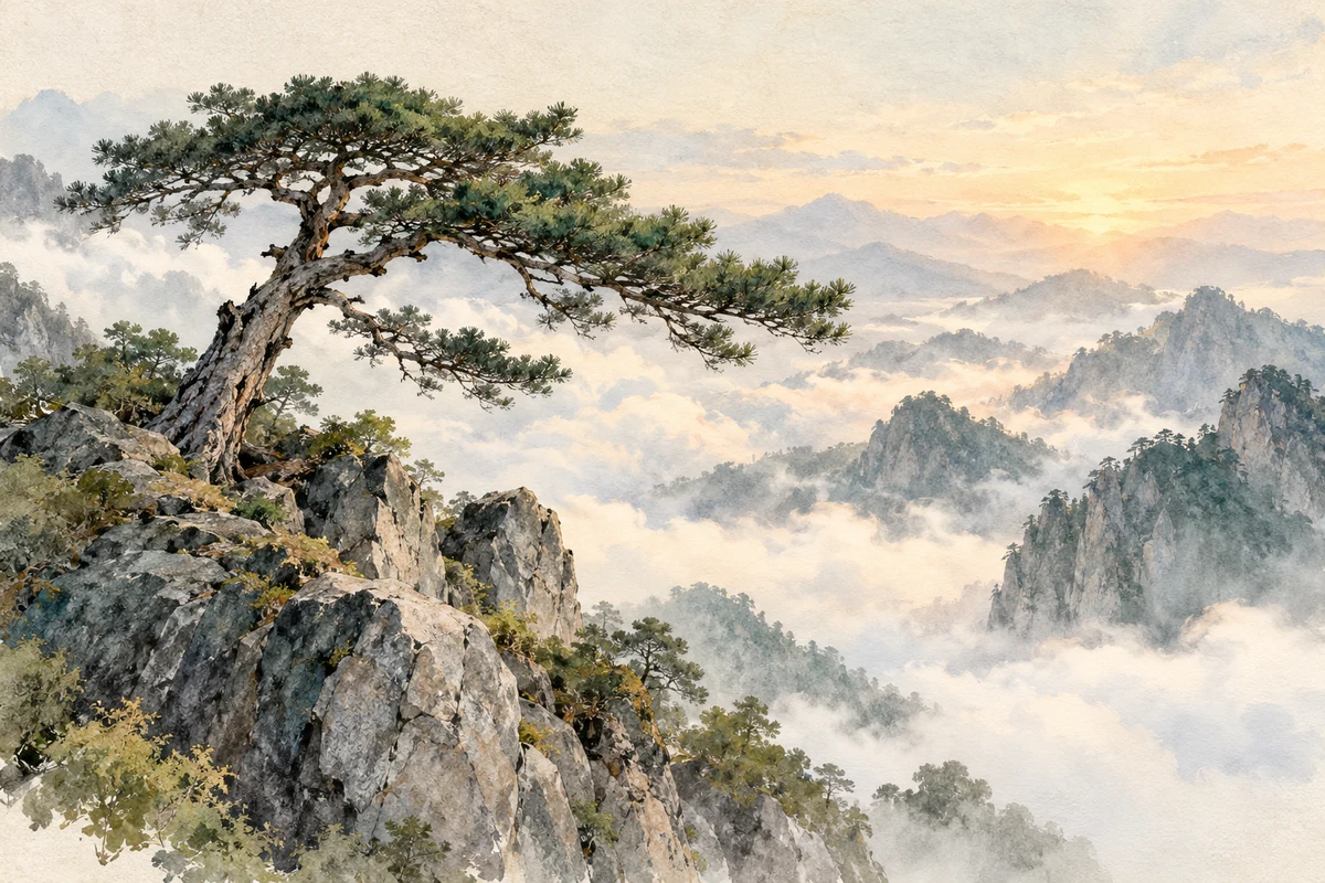 山坡上的松树与流云