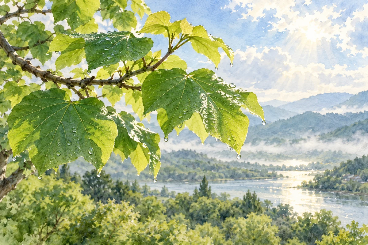 雨后新晴中的桐树新叶