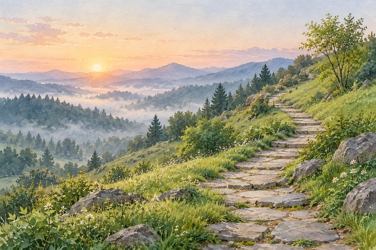晨光中的山坡石阶与远处树林