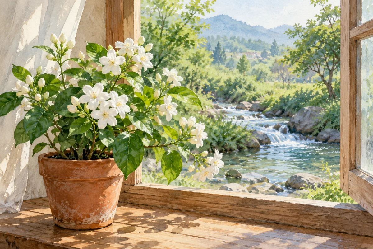 窗边白色茉莉花与溪水远景