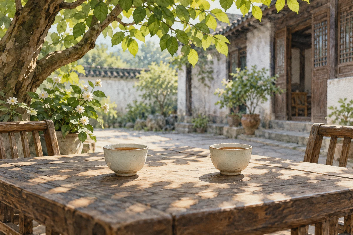 庭院桌边成对摆放的茶杯