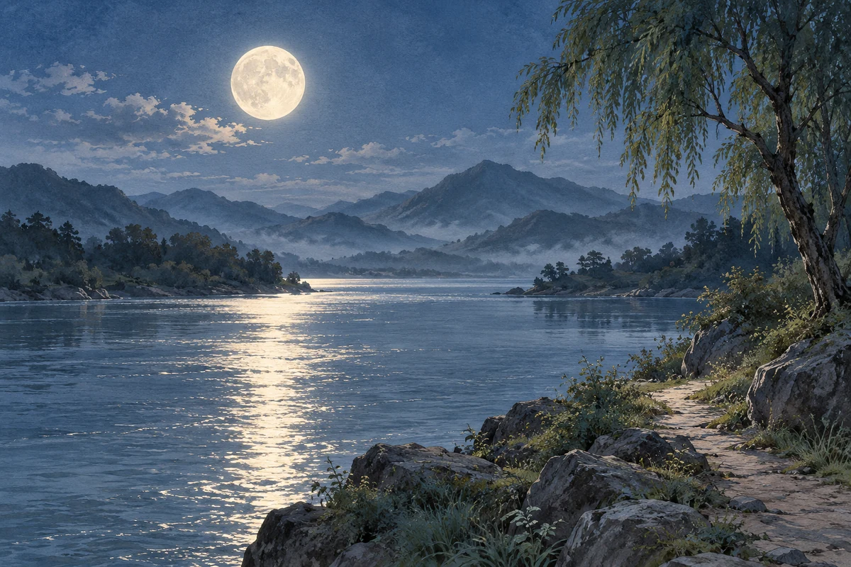 月光下的河流与远处山影