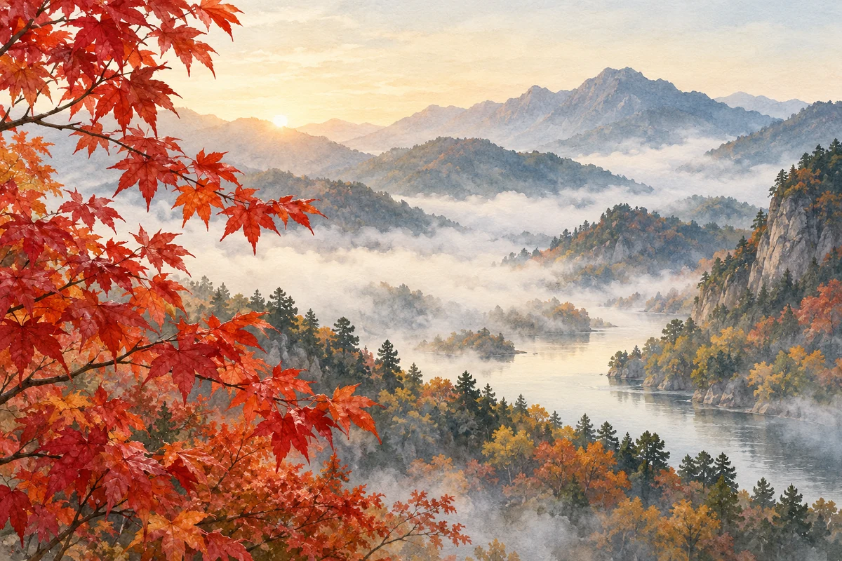 红枫叶与山间晨雾