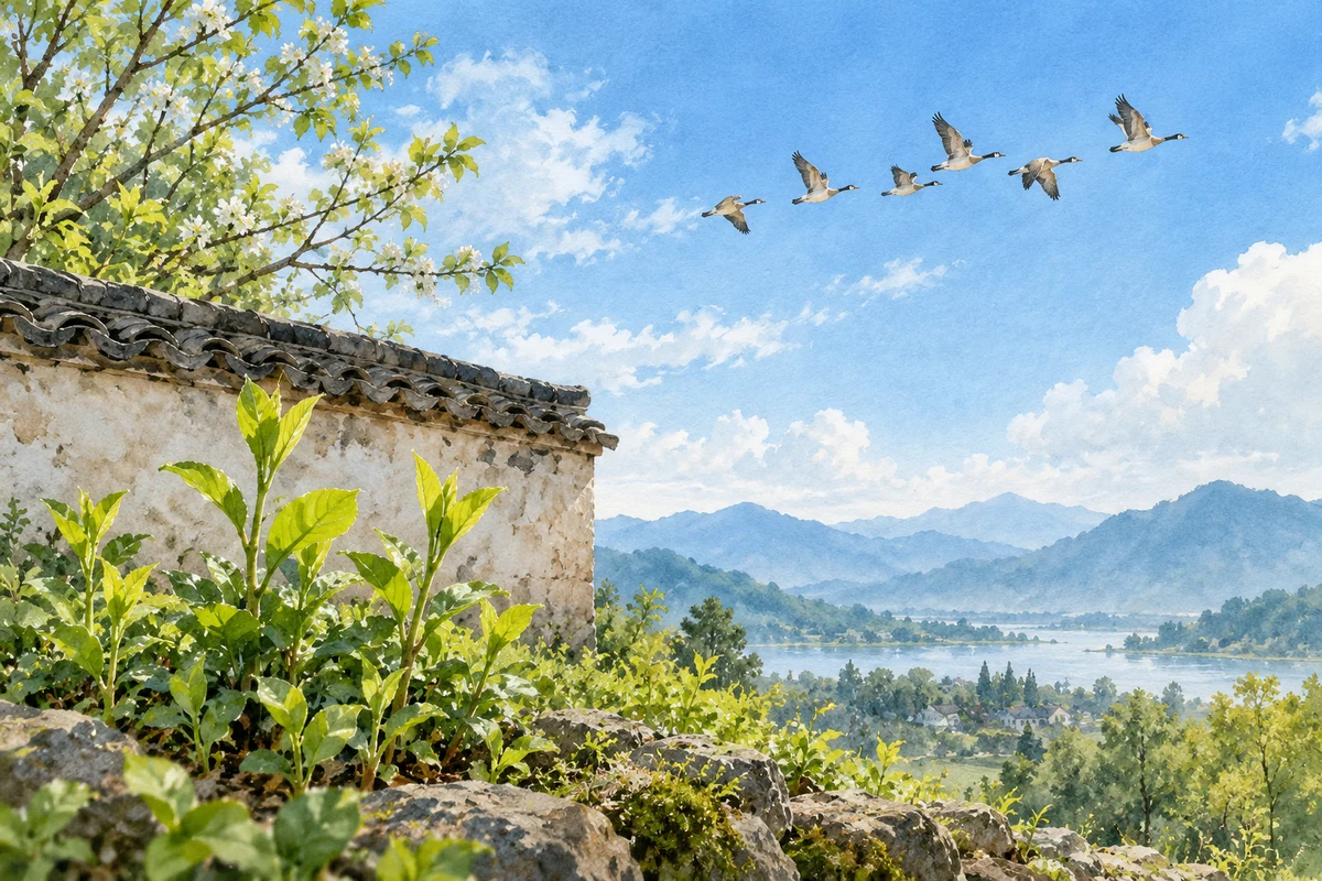 新芽与天空中飞过的雁群