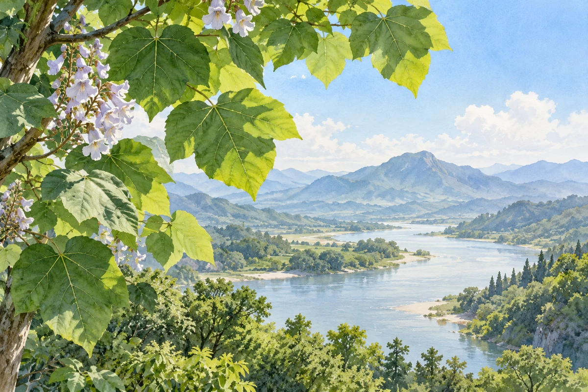 树枝新叶旁的远山与水面