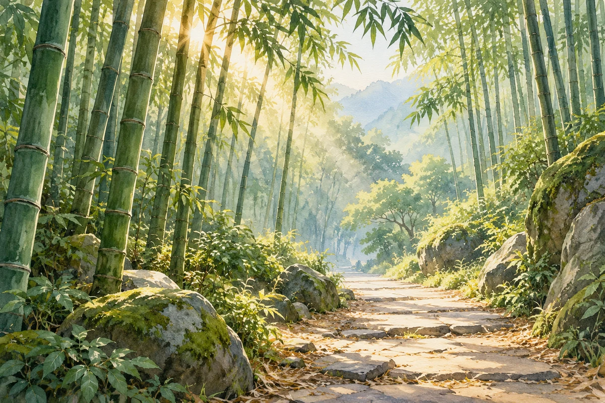 晨光穿过竹林照向小径