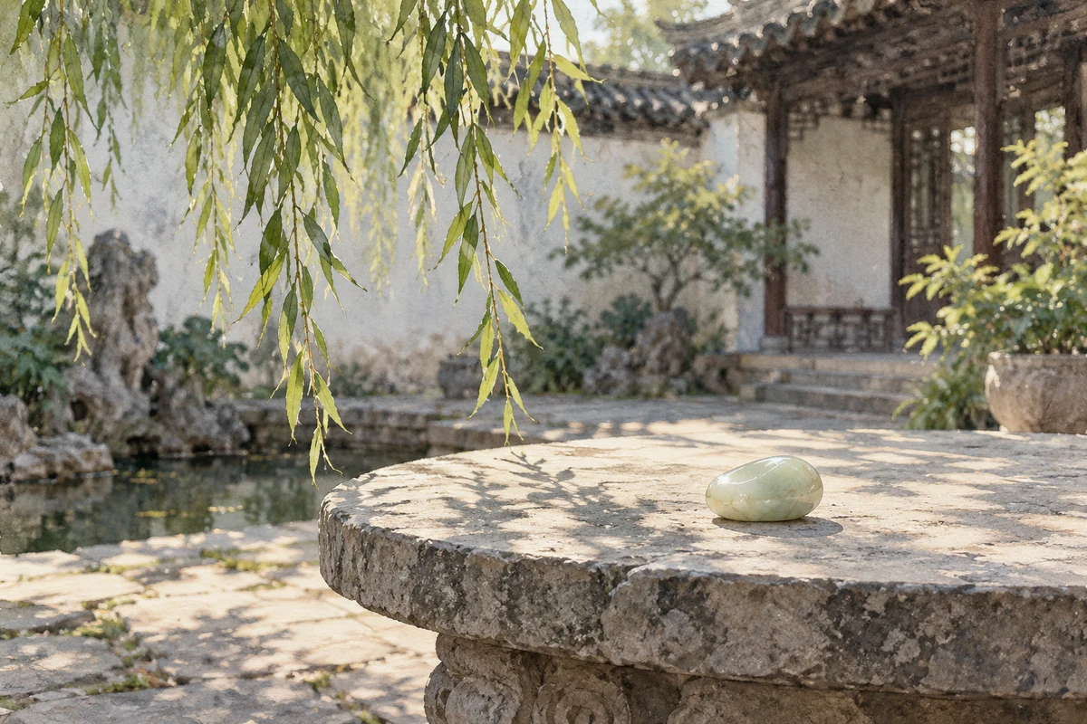 柳枝轻垂的庭院与玉石