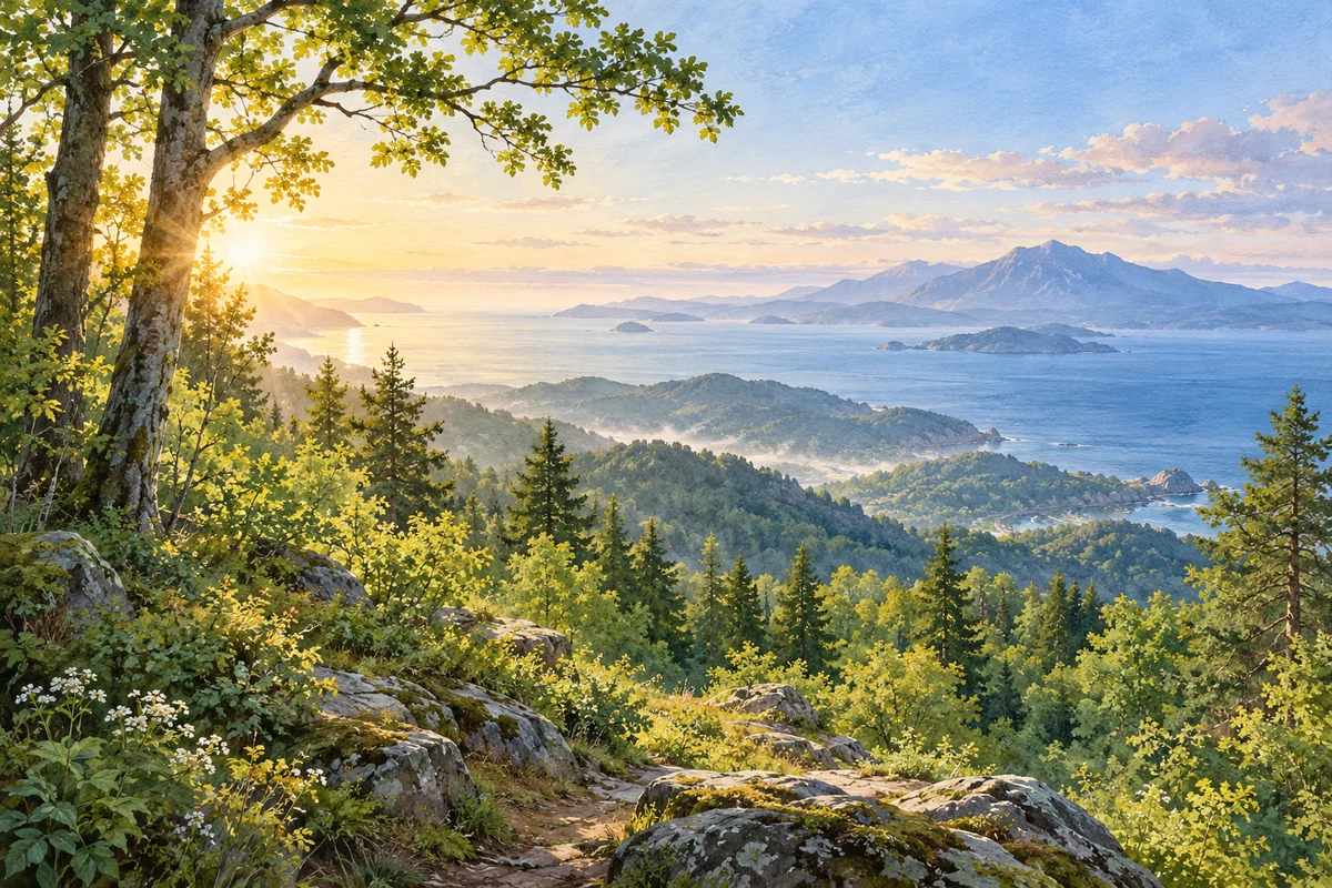 树林远处的高山与海面