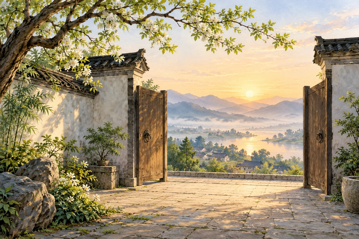 清晨宽敞的庭院与舒展枝叶
