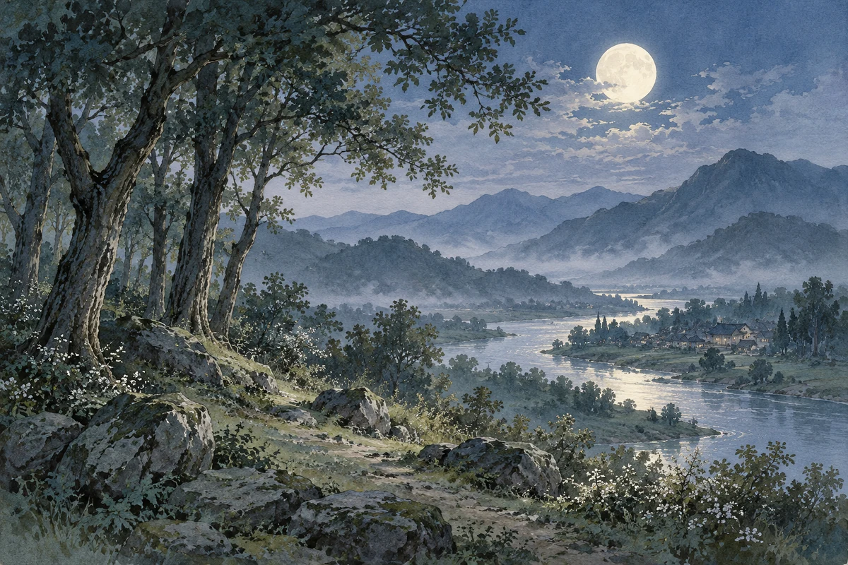 月光穿过树林照着山河