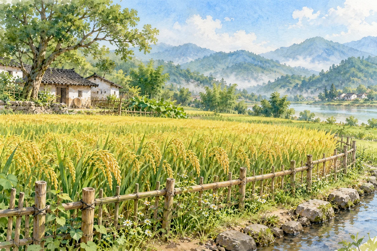 竹篱旁的禾田与明朗天光