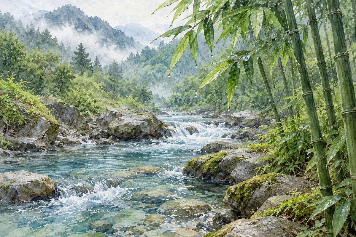细雨过后的清水与竹枝