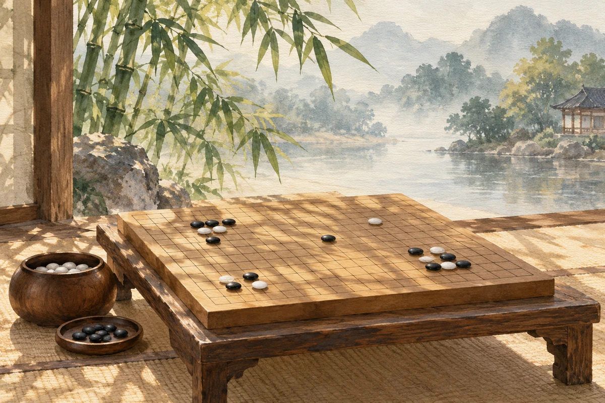 窗边的围棋盘与竹影