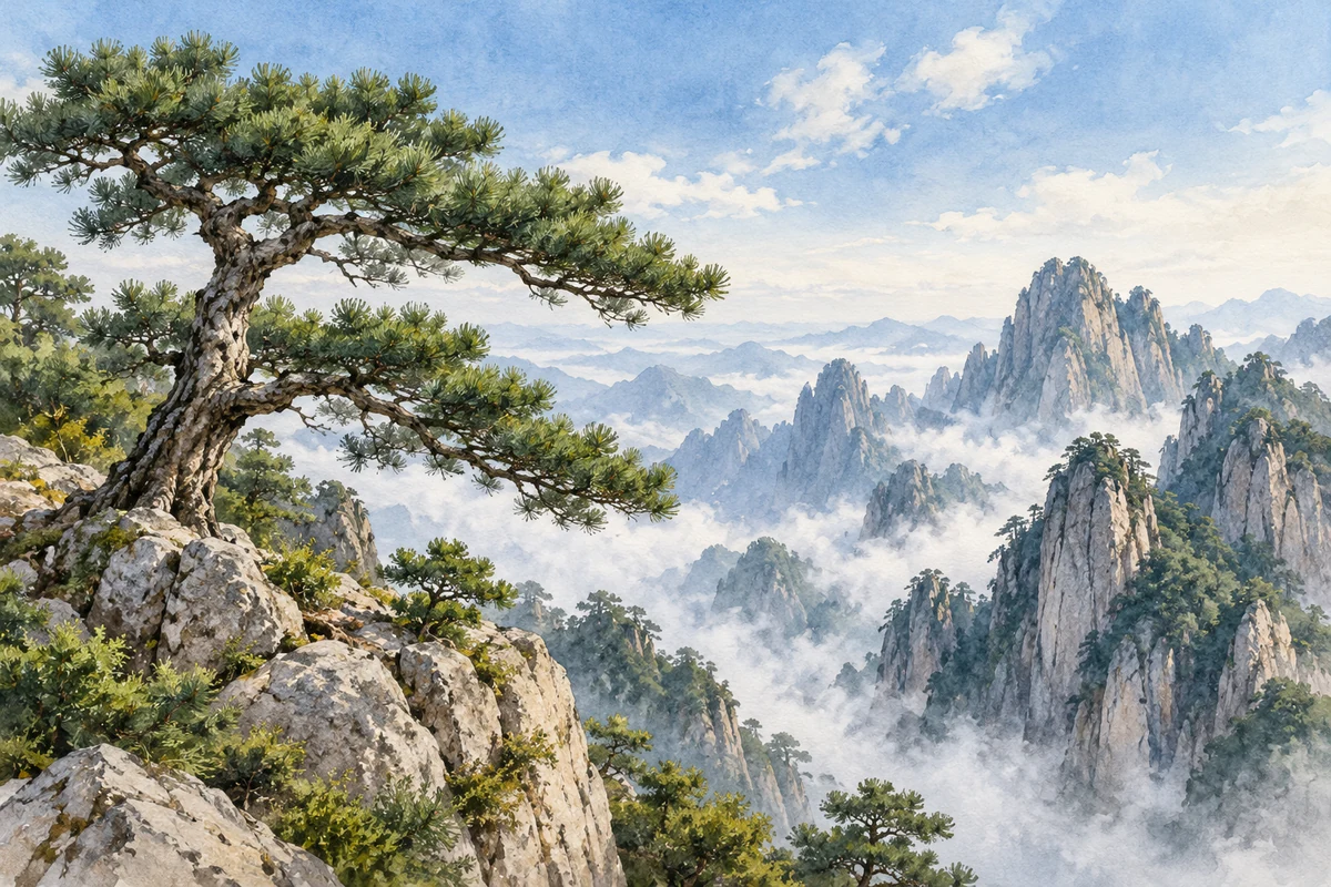 高山坡上的松树与远处山峰