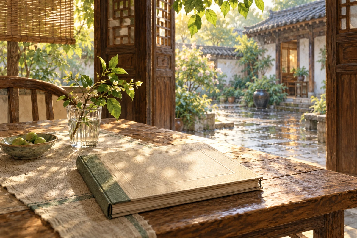 夏末庭院中相册旁的绿枝与雨后石地