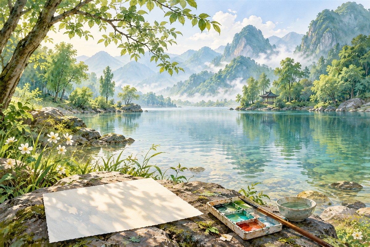 青绿山水前的空白画纸与水彩调色盘