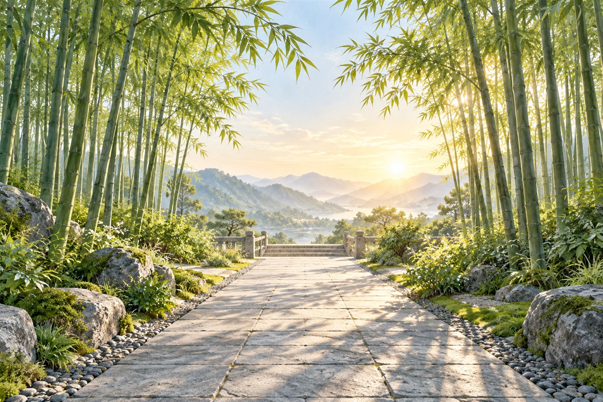 竹林间通向晨光的青石步道