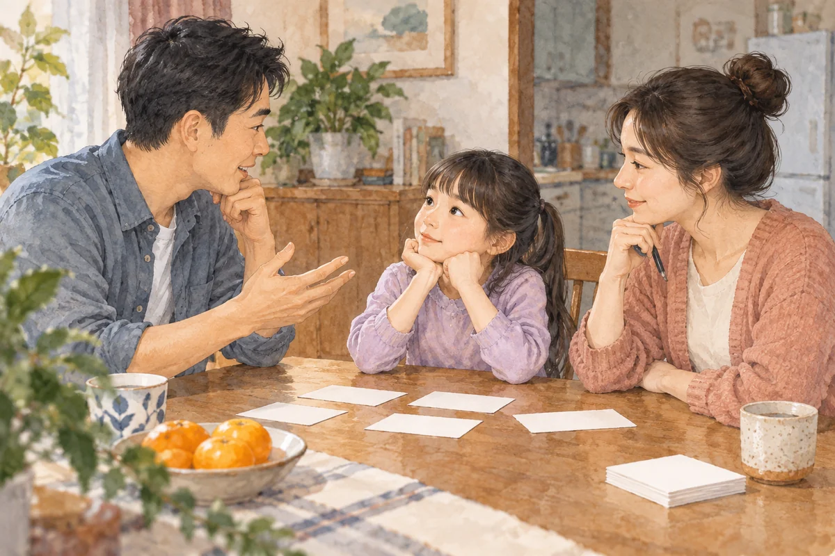 家长与孩子在餐桌旁交流姓名叫法