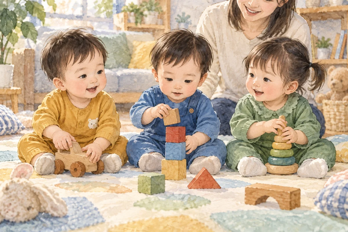 三个穿不同颜色衣服的幼儿坐在游戏垫上