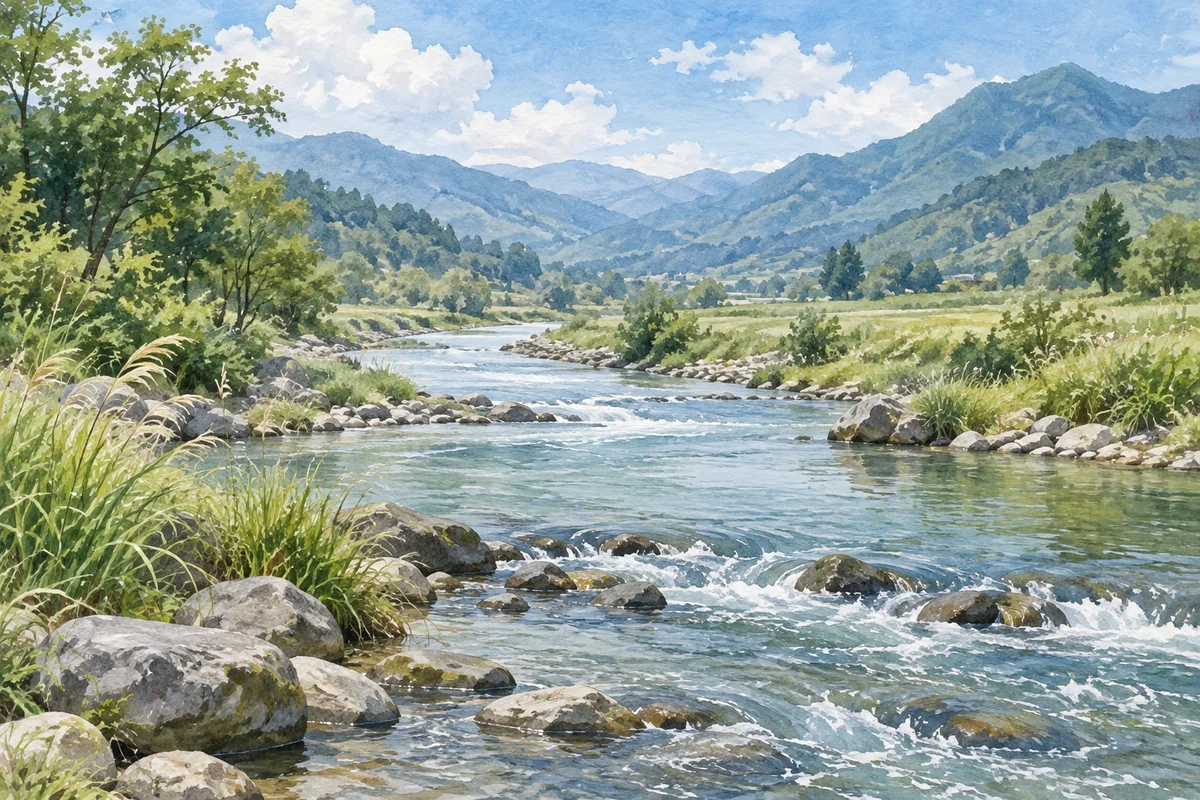 山谷中流淌的河水与两岸草木